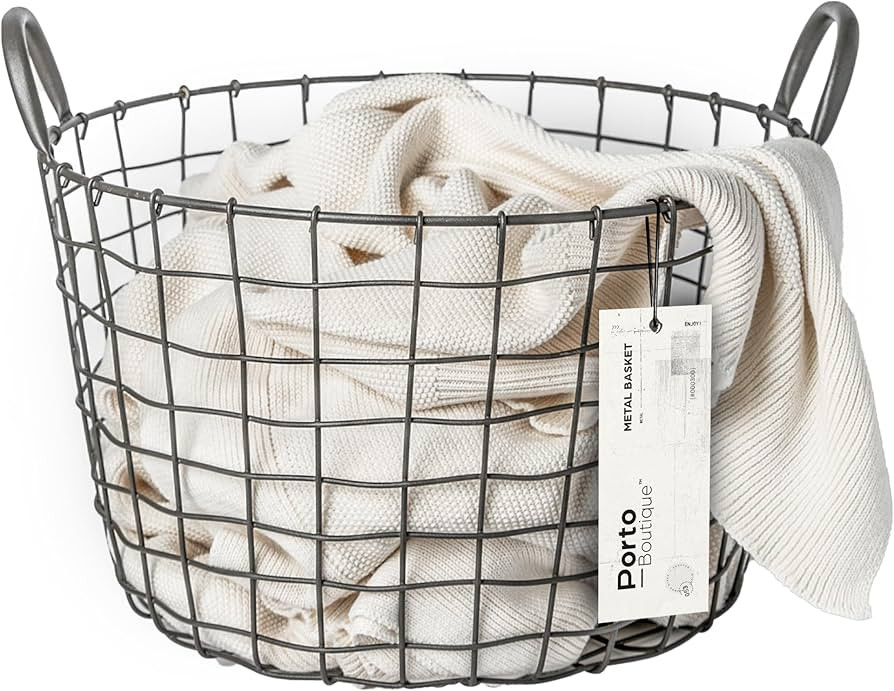 16"D x 12"W x 12"H Large Wire Basket - Round Grey Metal Storage Container - Ideal Wire Basket for... | Amazon (US)