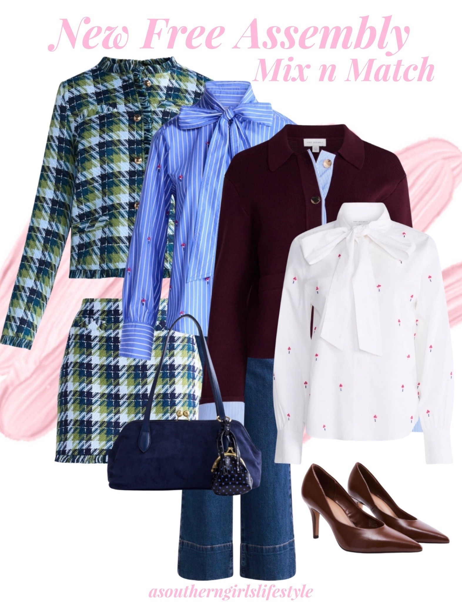 Mix n Match - Dressy to Business Casual 

Tweed Fringe Jacket, Tweed Fringe Skirt, Striped Beaded Tie Neck Shirt, Cropped Sweater Jacket, Beaded Tie Neck Shirt, Wide Leg Cuffed Jeans, Navy Faux Suede Shoulder Bag with Mini Bag Charm & Heels

Fall Outfits Women. Business Casual Workwear. #LTKPetite #LTKWorkwear

#LTKSeasonal #LTKxWalmart #LTKootd