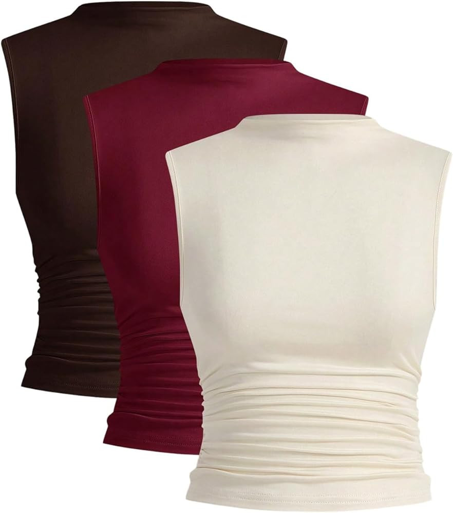 WDIRARA Women's 3 Pack Ruched Mock Neck Tank Top Sleeveless Fitted Tops | Amazon (US)