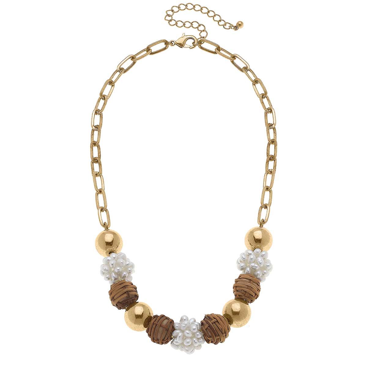 Bella Pearl Cluster & Wicker Ball Bead Necklace in Brown | CANVAS