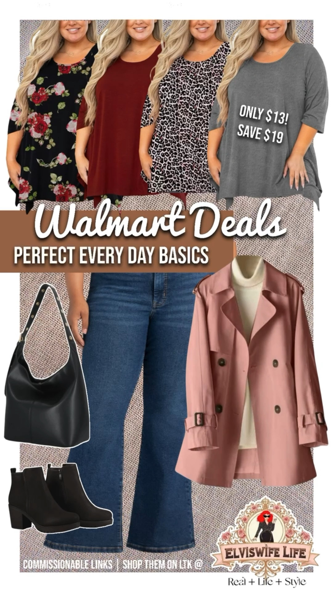 Take the guesswork out of mornings- stock up on a flattering swing hem tee, in enough colors and patterns to last all week (at this price you can get them all!). Pair with suede booties, a tote with trend-setting studs on the strap, and a trench coat in a color to chase away the winter blues. Of course bootcut jeans take you anywhere!

Leopard, leather purse, Walmart deals, pink coat, rain coat, winter coat, fall transition

#LTKFindsUnder50 #LTKSaleAlert #LTKPlusSize