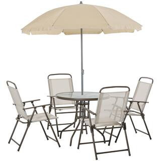 6-Piece Metal Round Outdoor Dining Furniture Set and Umbrella with 4-Folding Dining Chairs and Glass-Top Dinner Table | The Home Depot