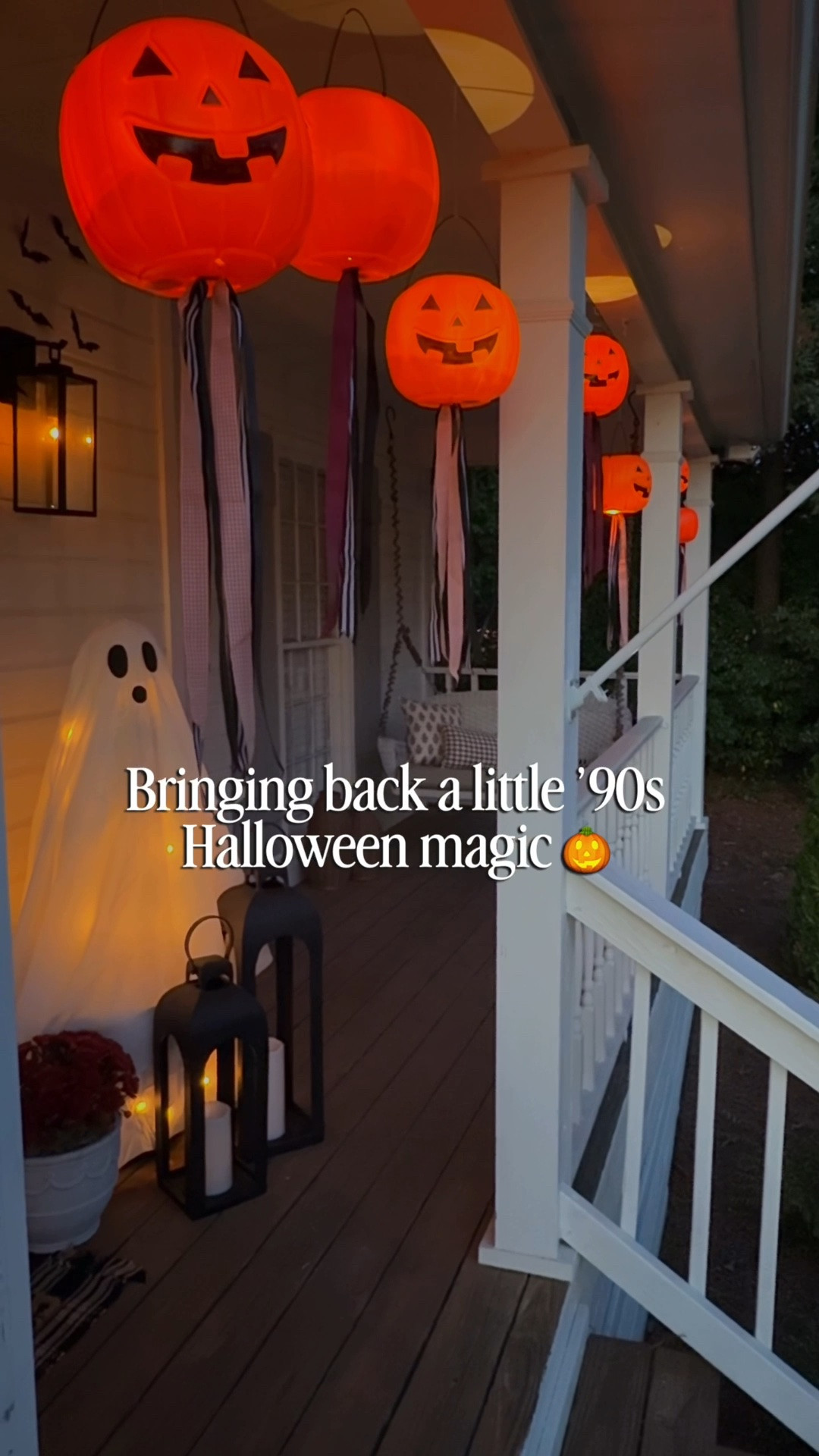 Bringing back the Halloween magic I remember from childhood! 🎃

I used classic pumpkin pails, battery-operated lights and three different ribbons to create 11 glowing pumpkins with flowing ribbon tails across our front porch.

I linked the pumpkin pails, lights, ribbons and the other Halloween porch details here so you can easily recreate the look!

Easy Halloween porch decor | nostalgic Halloween decorations | hanging pumpkin-pail DIY | ’90s Halloween#HalloweenDecor #HalloweenPorch

#LTKHome #LTKSeasonal #LTKHome #LTKmomlife