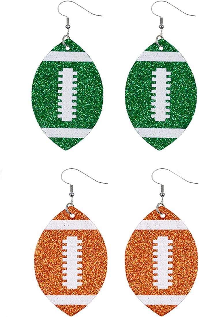 2Pairs Handmade Faux Leather Football Ball Drop Earring Set Lightweight Sparkly Glitter Dangle Ea... | Amazon (US)