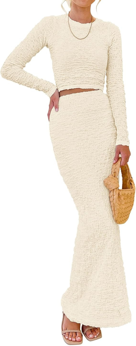 BTFBM Women's Fashion 2 Piece Outfits 2023 Fall Winter Long Sleeve Bodycon Pullover Tops Ruched M... | Amazon (US)