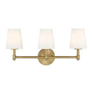 24 in. W x 9.5 in. H 3-Light Natural Brass Bathroom Vanity Light with White Linen Fabric Shades | The Home Depot