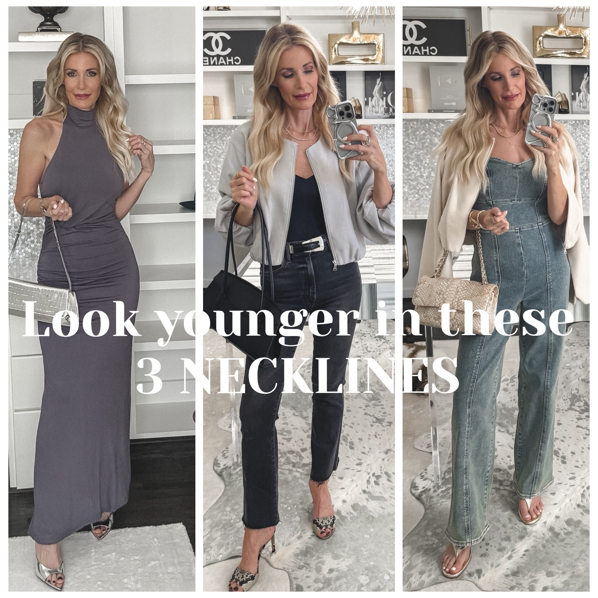 ✨ Want to look up to 10 years younger? Start with your neckline!

1️⃣ Halter – shows off your shoulders, always sexy.
2️⃣ V-neck – elongates your upper body; makes you taller, slimmer, and younger.
3️⃣ Sweetheart – highlights your décolletage while elongating your top half.

Everything I’m wearing runs true to size: XS in dresses, jackets, and tops; 24 in jeans; XS in the denim jumpsuit.

💡 For even more youthful necklines, check my newest YouTube video—link in my stories!



#LTKgrwm #LTKOver40 #LTKootd