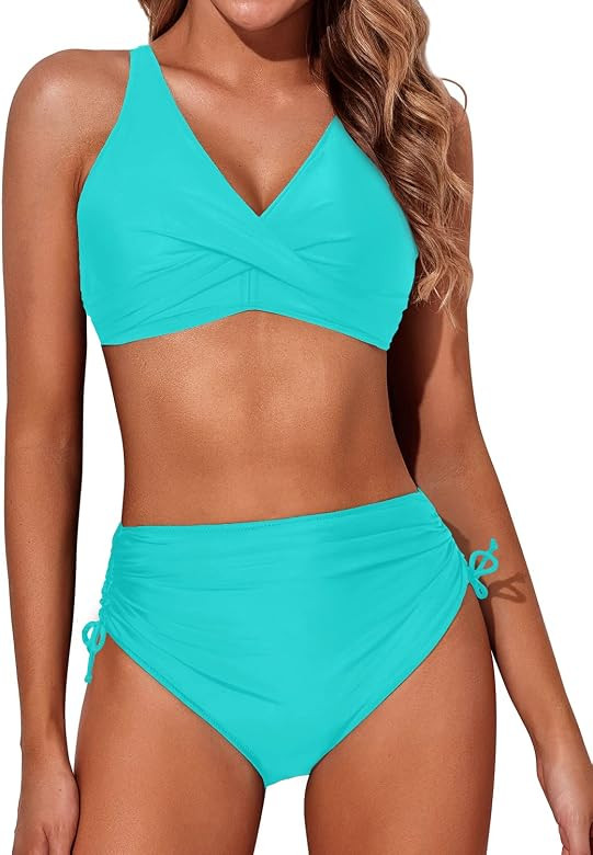 Aqua Eve Women High Waisted Bikini Twist Front Swimsuits Lace up Bikini Tops Ruched Push up 2 Pie... | Amazon (US)