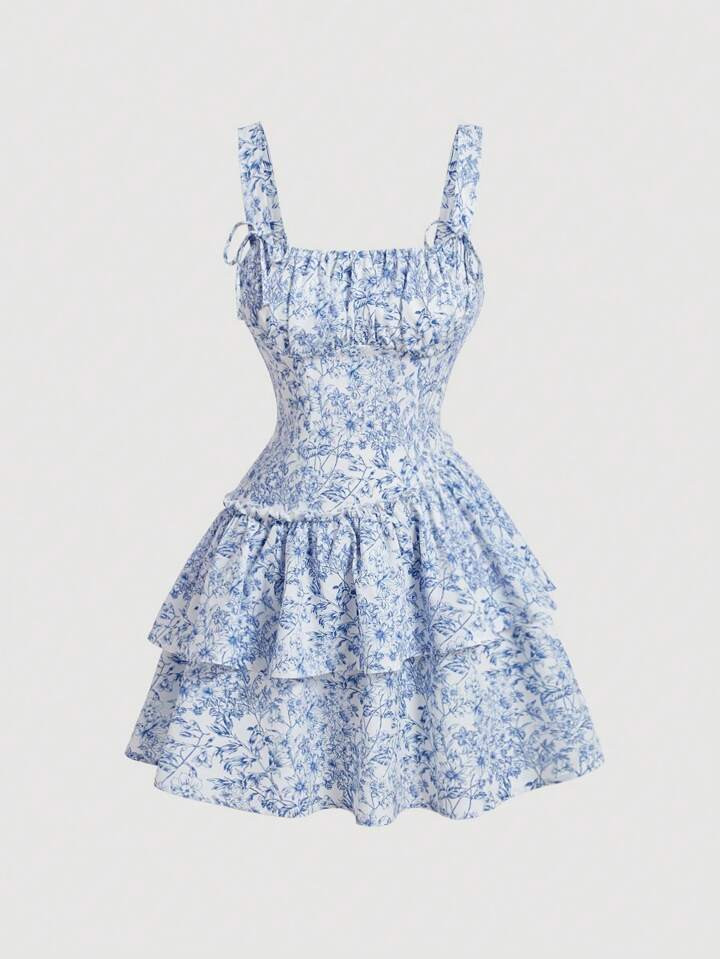 SHEIN MOD Porcelain Print Slanted Waist Romantic Holiday Dress,Pastel Dresses For Women | SHEIN