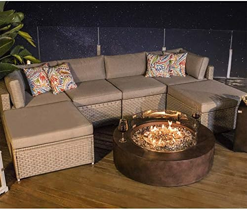 COSIEST 8-Piece Propane Firepit Table Outdoor Furniture Sofa, Warm Gray Wicker Sectional w 42-inc... | Amazon (US)