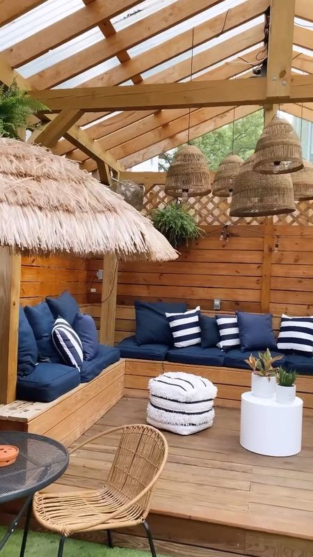 I got everything I needed @walmart to transform my space without breaking the bank ✨Let’s start with outdoor cushions I went with navy blue and classic striped throw pillows, a stripped pouf for extra seating, and a few side tables that can easily move around when I'm hosting gatherings. These Better  Home & Garden Planters were under 10$ so I had to grab them, added cafe lights for when the sun goes down and I found these hanging ferns at my local Walmart to add some greenery to the space. To finish off..... this amazing tiki beach umbrella. Transform and refresh any space for a summer oasis without spending more at Walmart! Shop my backyard with links in bio/stories or follow my shop on LTK to shop this post. #walmartpartner #walmarthome #welcometoyourwalmart

#LTKhome