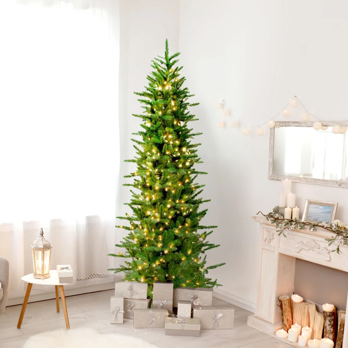 Fraser Hill Farm 7.5 ft. Carmel Pine Slim Artificial Prelit Christmas Tree with Warm White LED Li... | Wayfair North America