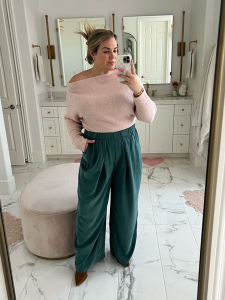 curvy fall look from the Nordstrom Anniversary Sale! wearing size large in off the shoulder blush sweater (true to size) and xl in teal wide leg pants (i sized up for bump! waist is elastic)  

#LTKxNSale #LTKunder100 #LTKcurves