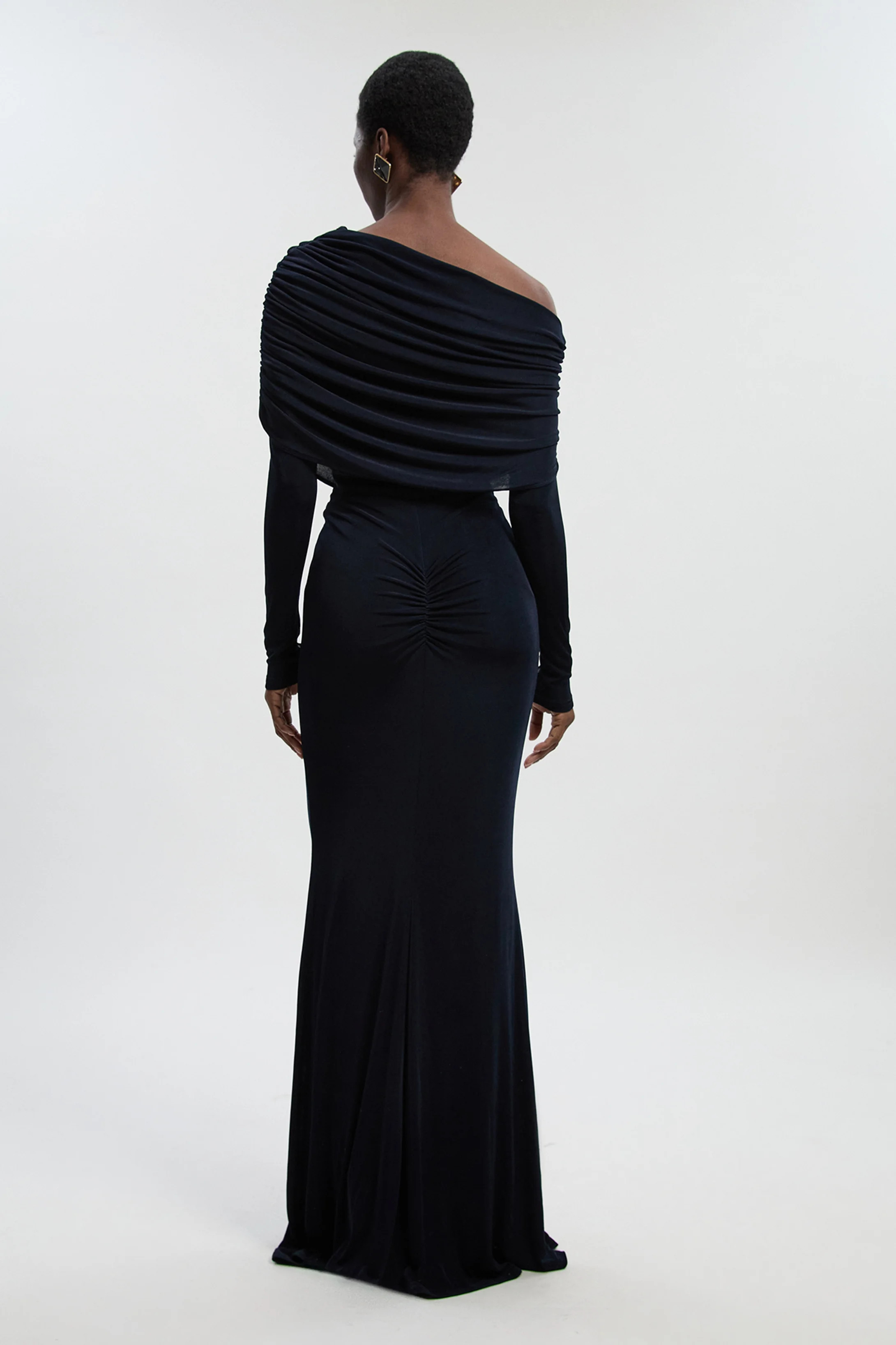 Drapey Crepe Off The Shoulder Ruched Detail Fishtail Maxi Dress | Karen Millen UK + IE + DE + NL