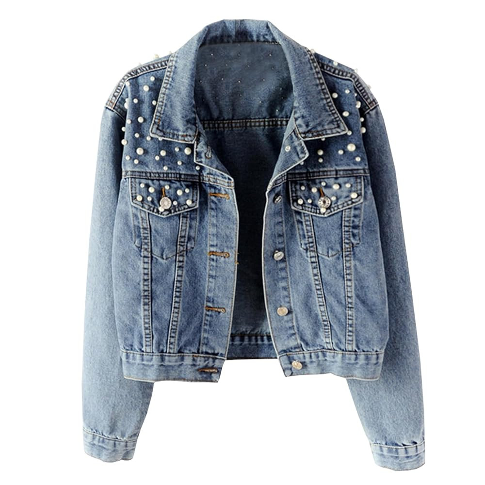 Hixiaohe Women Loose Embroidered Pearls Beading Cropped Denim Jacket Jean Coat | Amazon (US)