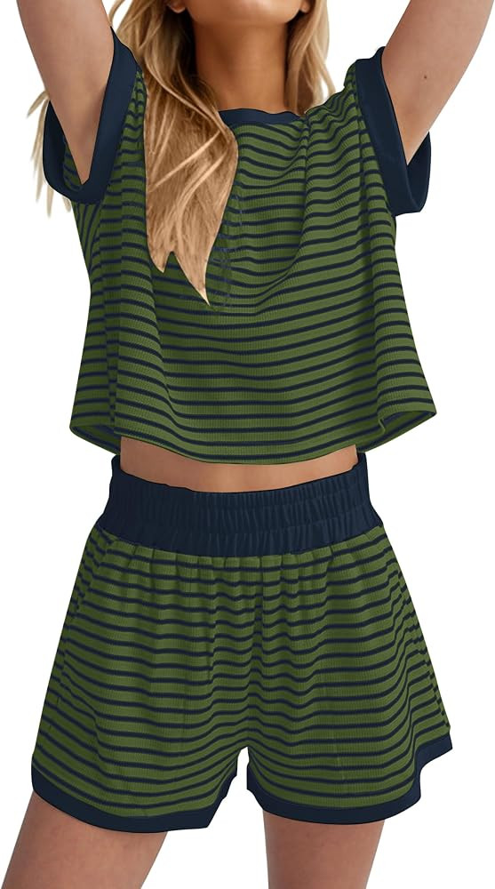 MISSACTIVER 2 Piece Lounge Set Women Stripe Knit Short Sleeve Tee Shirts Shorts Casual Summer Lou... | Amazon (US)