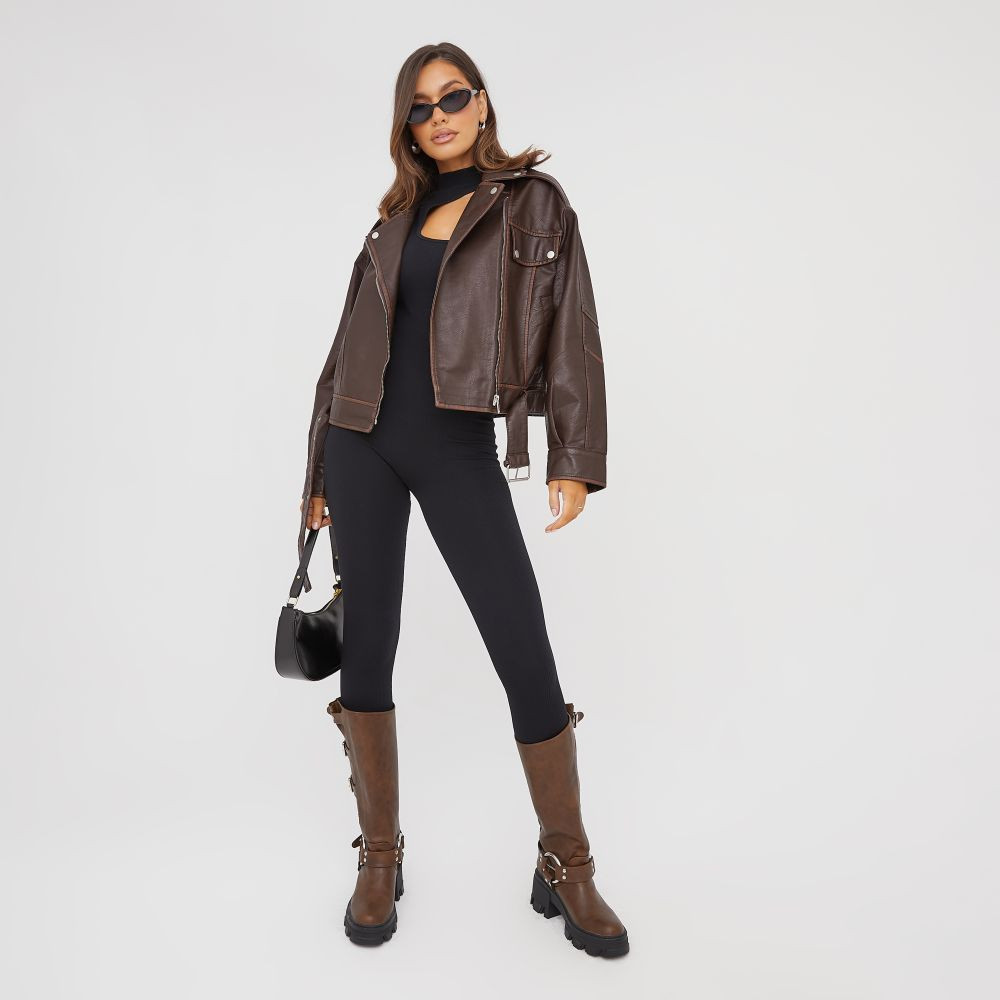 Contrast Binding Detail Biker Jacket In Brown Faux Leather | EGO (UK)