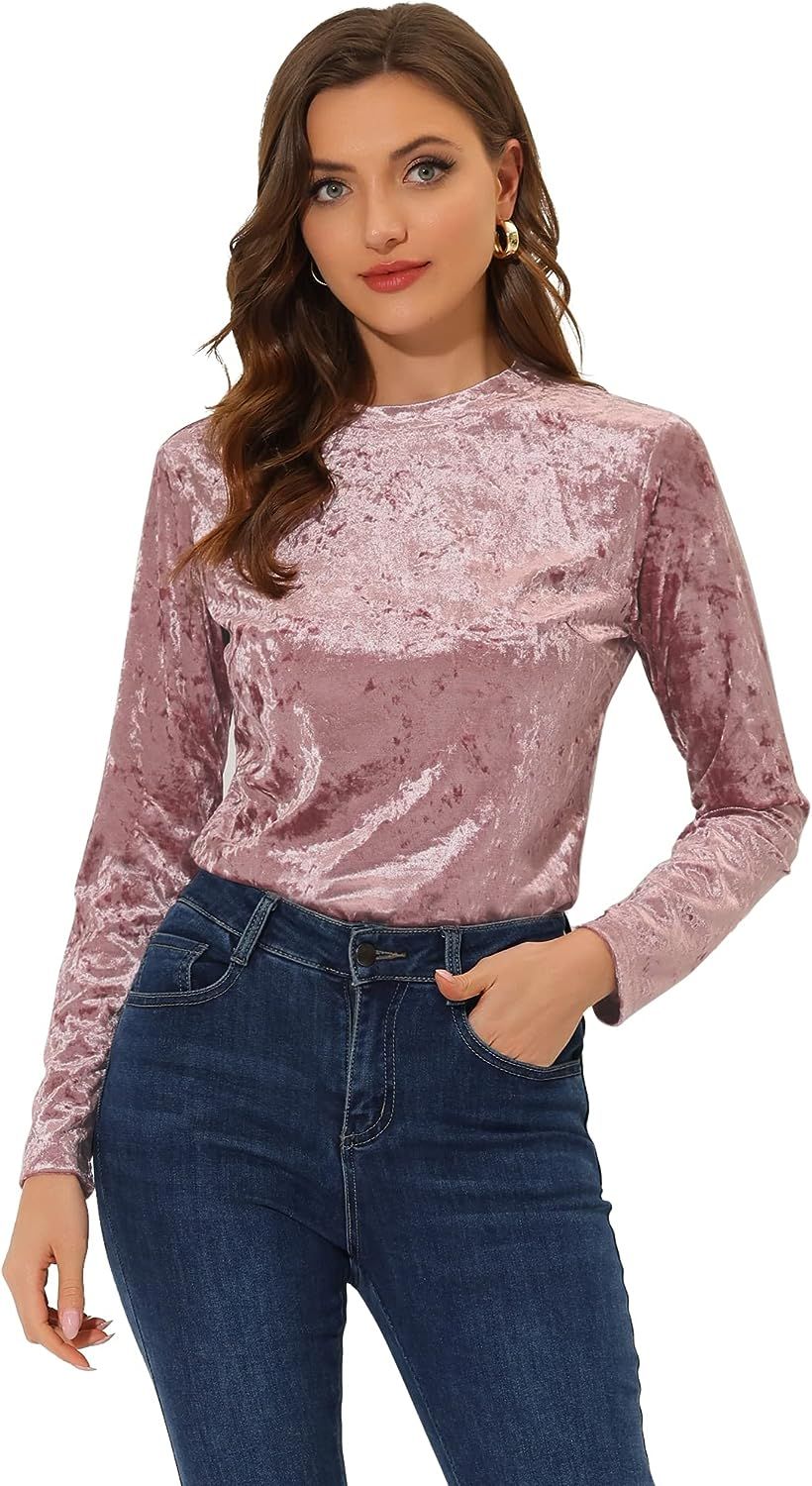 Allegra K Casual Velvet Top for Women's Soft Vintage Crew Neck Long Sleeve T-Shirt | Amazon (US)