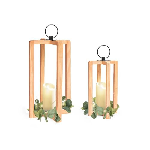 HPC DECOR 2 PCS Modern Farmhouse Lantern Decor, Rustic Wooden Lanterns Holder for Home Decor, Lanterns Decorative w/LED Lights String and Garland for Living Room,Fireplace,Mantle,Kitchen Dining Table. | Amazon (US)