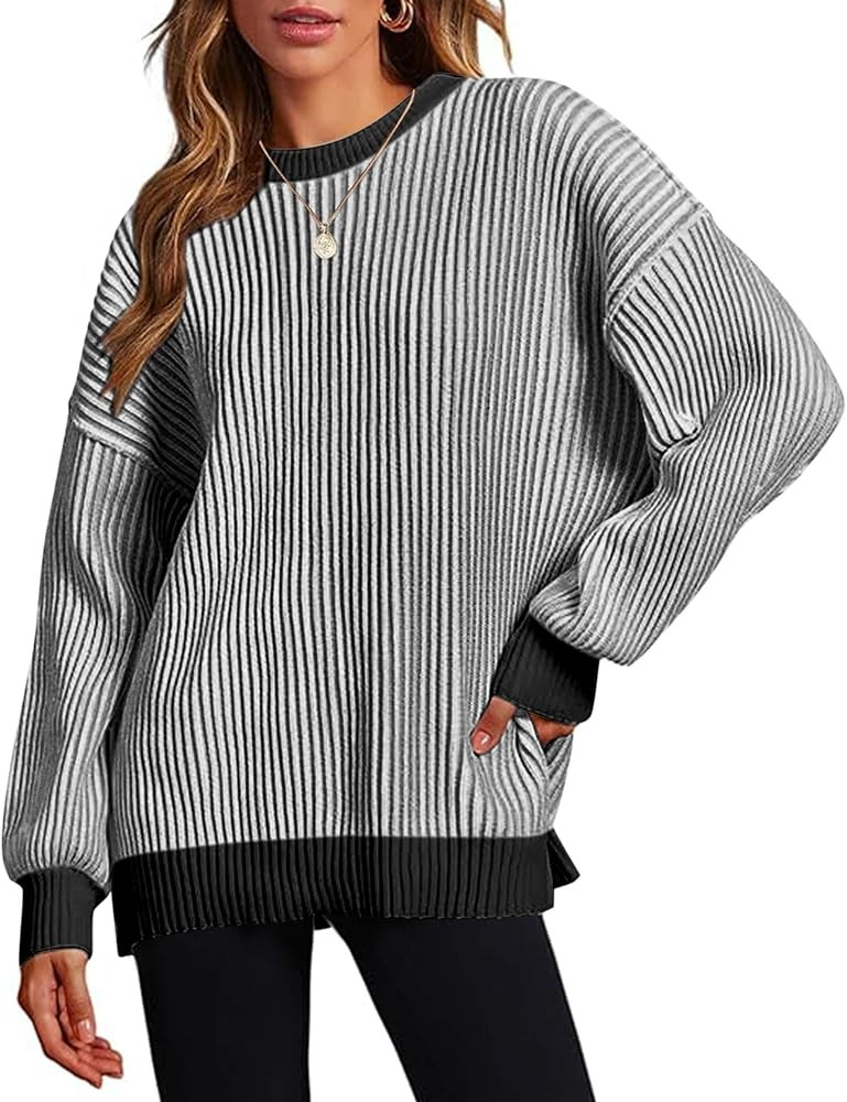 Zeagoo Women 2024 Fall Sweater Crew Neck Casual Long Sleeve Color Block Loose Pullover Rib Knit B... | Amazon (US)