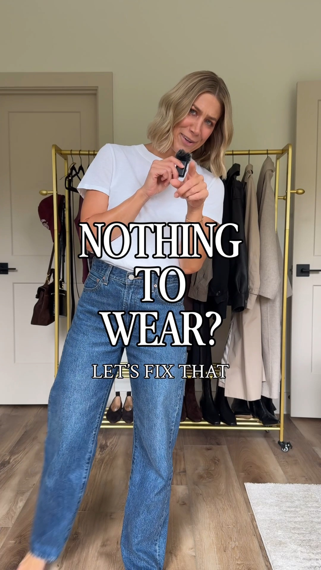 Wearing 26/reg ecru jeans, XS denim shirt, small trench coat, sneakers tts, small white tee, 25 blue jeans