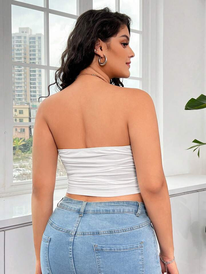 SHEIN EZwear Plus Size Plain Pencil Fit Strapless Top With Pleats | SHEIN