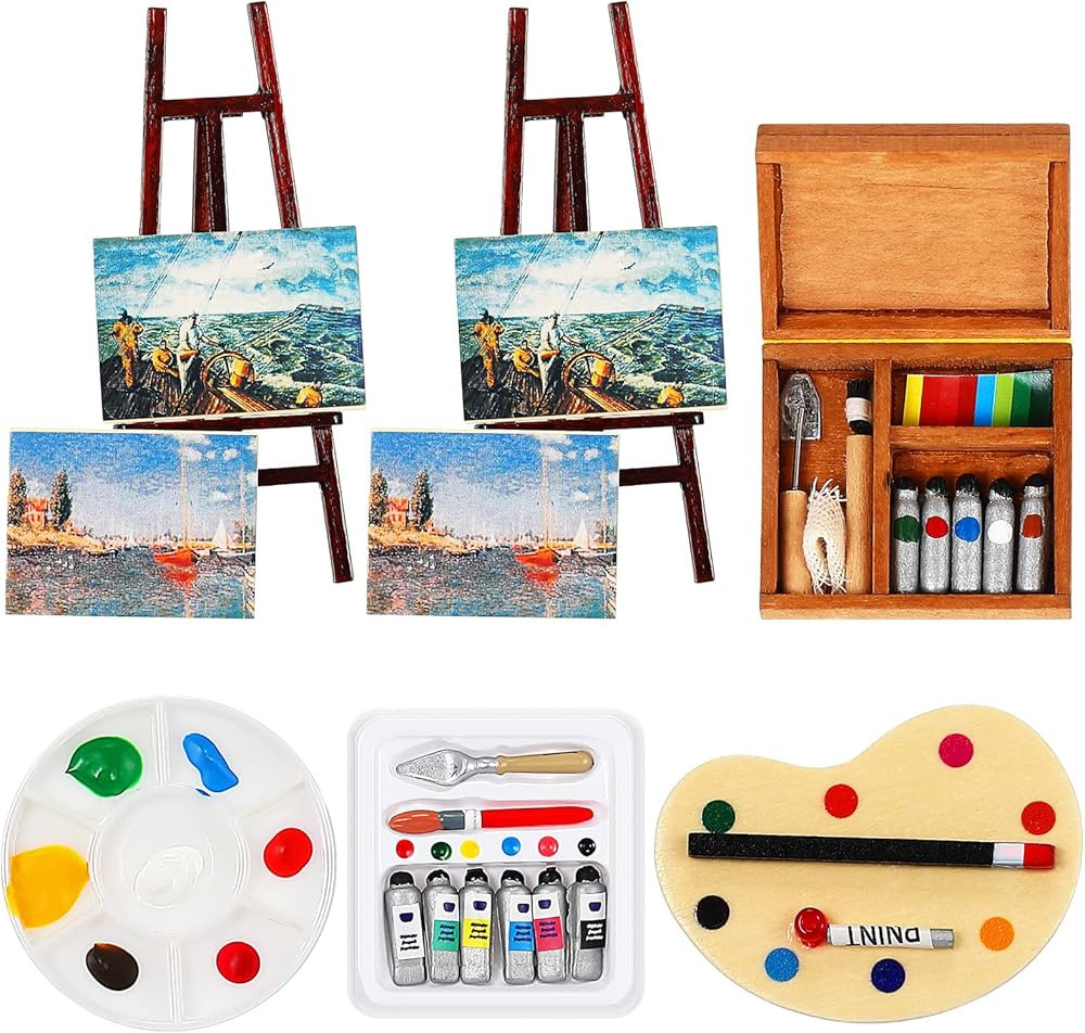 6 Pieces 1:12 Miniature Dollhouse Accessories Painting Tool Set Wooden Easel Dollhouse Furniture ... | Amazon (US)