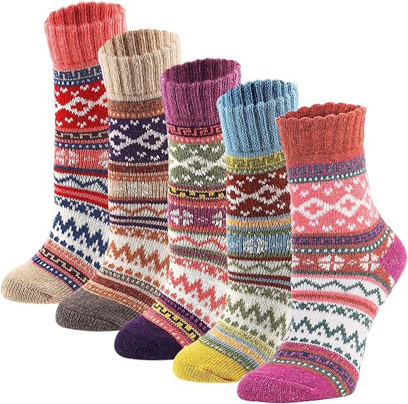 YZKKE 5Pack Womens Vintage Winter Soft Warm Thick Cold Knit Wool Crew Socks, Multicolor, free size | Amazon (US)