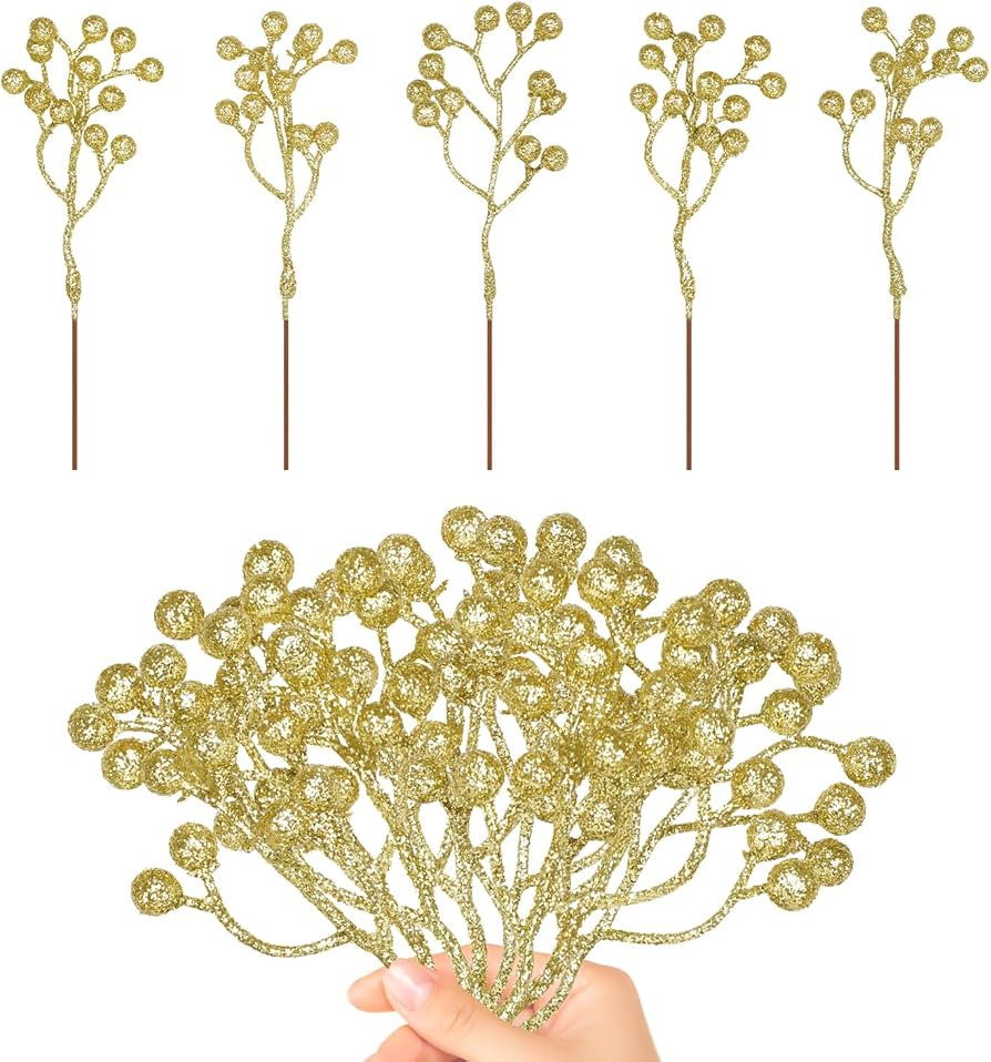 DIYASY Glitter Gold Berry Stems, 20 Pcs Artificial Christmas Tree Picks Decorations Christmas Tre... | Amazon (US)