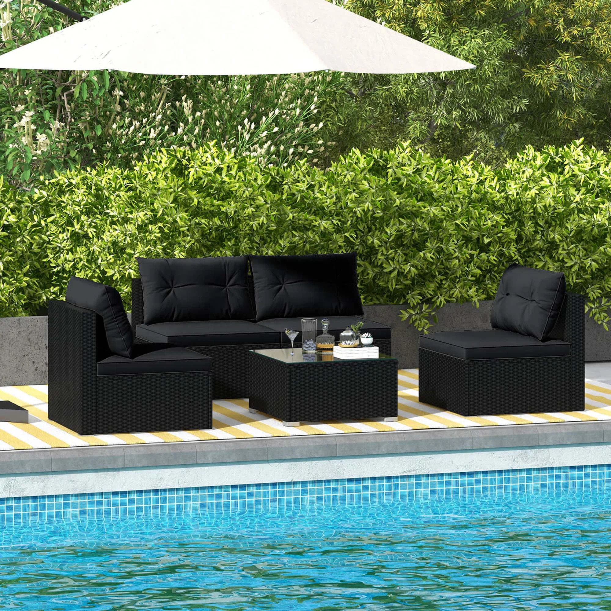 5 Piece Outdoor Furniture Set With Seat & Back Cushions Tempered Glass Tabletop | Wayfair North America