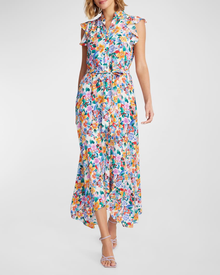 Sadie Floral-Print Ruffle-Trim Maxi Dress | Neiman Marcus