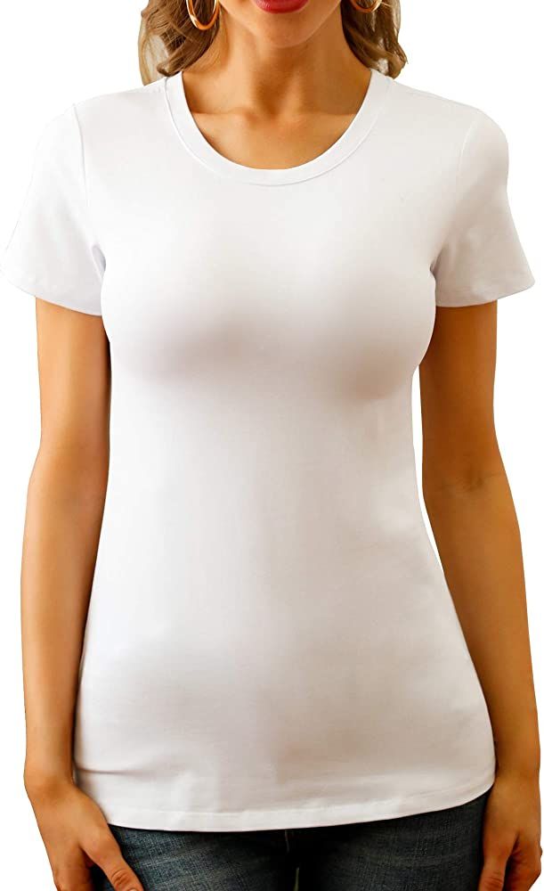 MANGDIUP Womens Short-Sleeve Stretch Cotton T-Shirt - Classic Crewneck Short Sleeve Fit T-Shirt | Amazon (US)