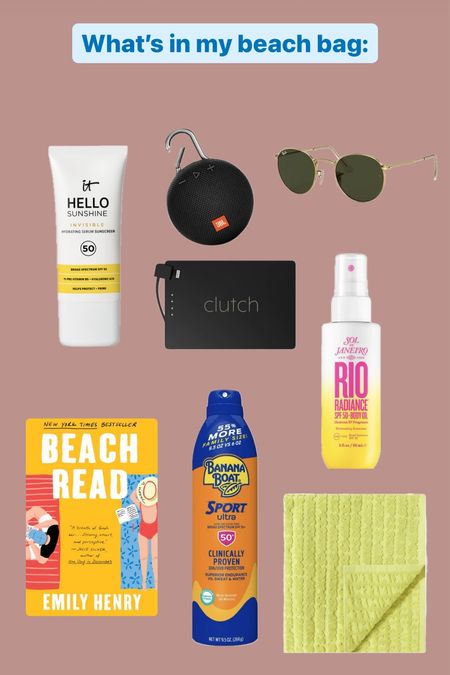 What’s in my beach bag right now at the beach in Florida! My new favorite Emily Henry, sol de Janeiro oil, it cosmetics sunscreen that feels like water, my
Everyday sunglasses portable charger speaker and skims towel! 