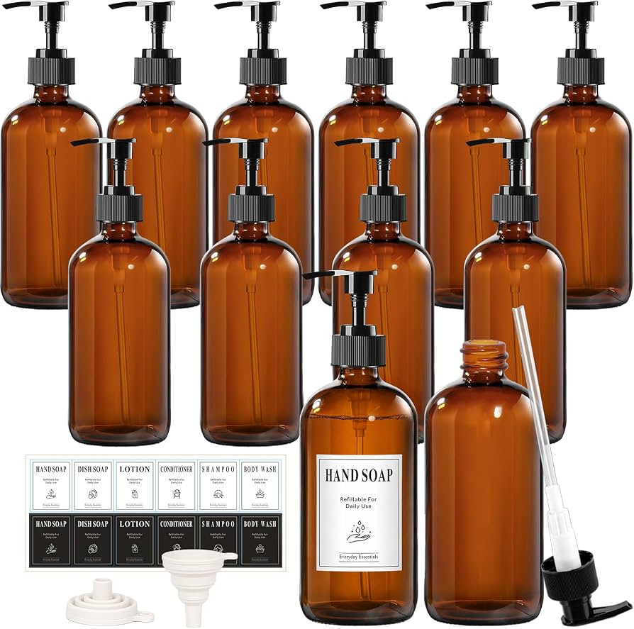 TBWIND 12 Pack 16oz Amber Glass Bottles with Pump Dispensers | Amazon (US)