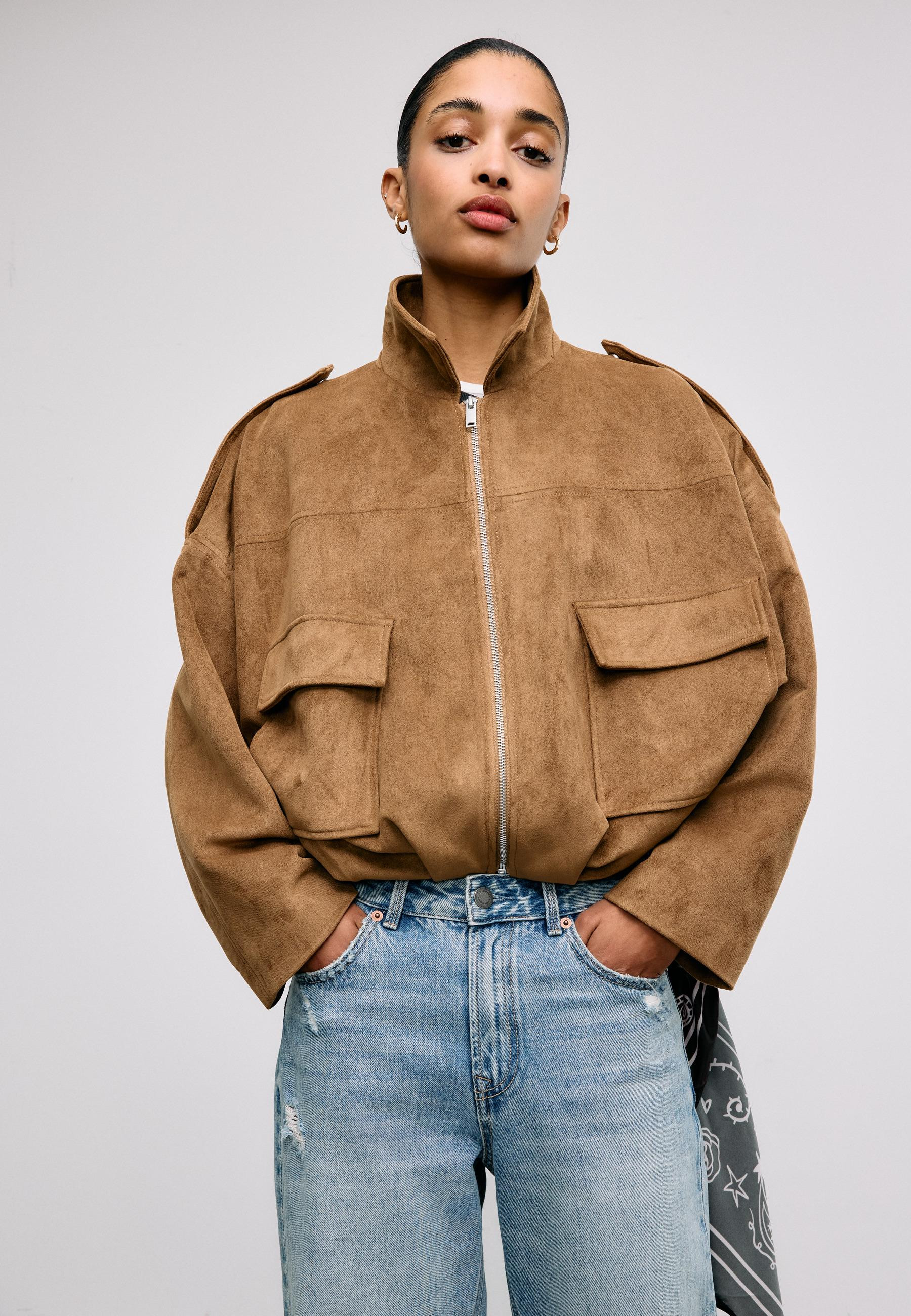 Faux suede bomber jacket - Women's fashion | Stradivarius United Kingdom | Stradivarius (UK)