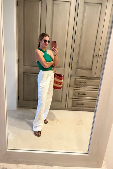 Green top is old from Zara but these white pants from target are so good and love my fendi slides. 