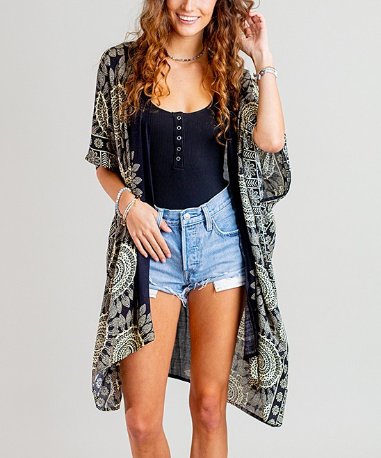 Lotus and Luna Women's Kimono Cardigans Black - Black & Cream Bondi Mandala Kimono - Women | Zulily