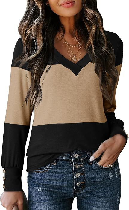 Dokotoo Womens Long Sleeve Tops V Neck Color Block Pullover Casual Sweater | Amazon (US)