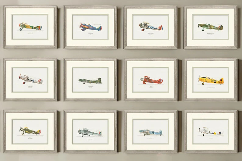 Vintage Framed Airplane Art Prints for Nursery & Boys Room Set of 12 Hand-drawn Watercolor Art Pr... | Etsy (US)