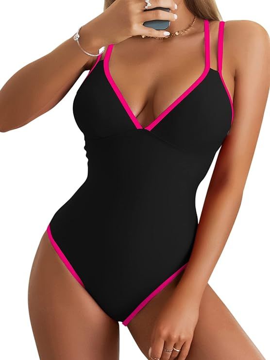 B2prity Women's V Neck One Piece Swimsuits Tummy Control Bathing Suit Cross Back Swimwear Slimmin... | Amazon (US)
