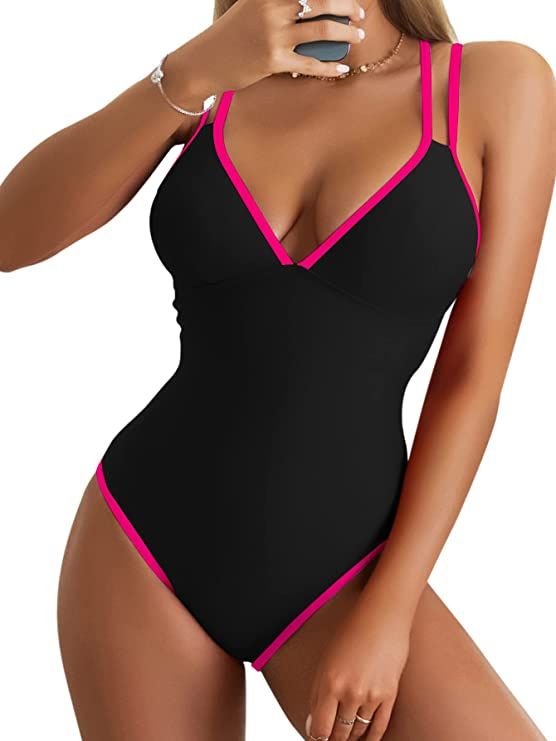 B2prity Women's V Neck One Piece Swimsuits Contrast Trim Crisscross Back Bathing Suits Slimming S... | Amazon (US)