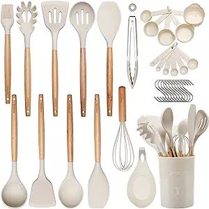 Kitchen Utensils Set, QMVESS 35 Pcs Non-Stick Silicone Cooking Utensils Set with Holder, Sturdy W... | Amazon (US)