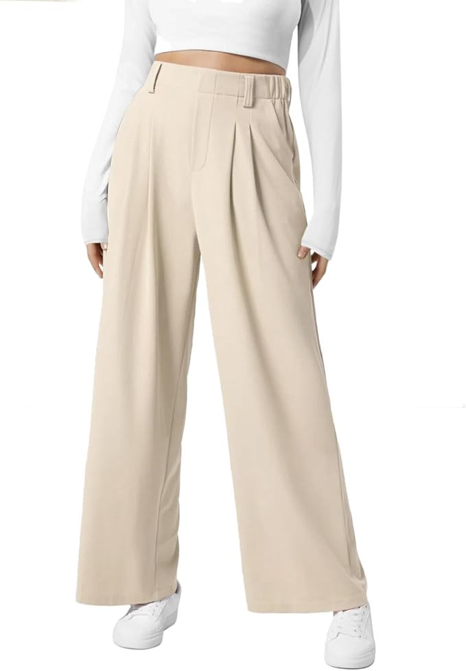 PrettyGuide Women's Wide Leg Dress Pants Elastic High Waisted Waffle Knit Work Pants Casual Palaz... | Amazon (US)