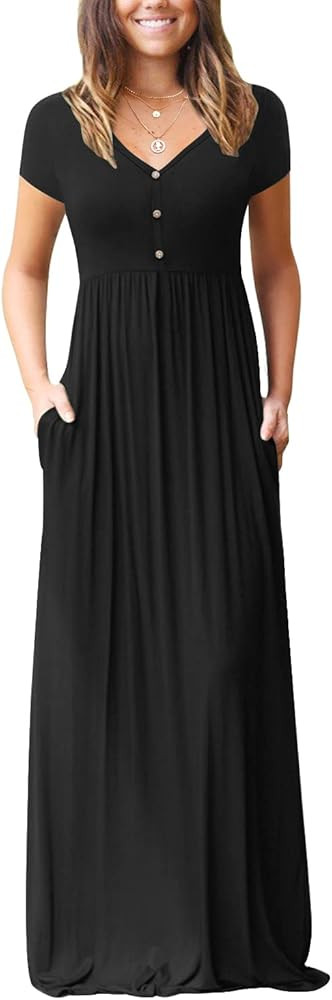 GRECERELLE Women's Loose Plain V Neck Button Dresses Casual Long Maxi Dresses Pockets | Amazon (US)