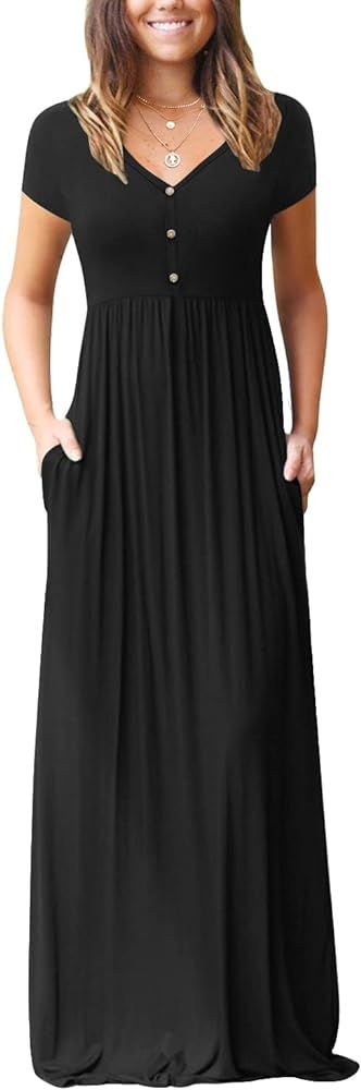 GRECERELLE Women's Loose Plain V Neck Button Dresses Casual Long Maxi Dresses Pockets | Amazon (US)