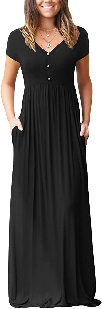 GRECERELLE Women's Loose Plain V Neck Button Dresses Casual Long Maxi Dresses Pockets | Amazon (US)