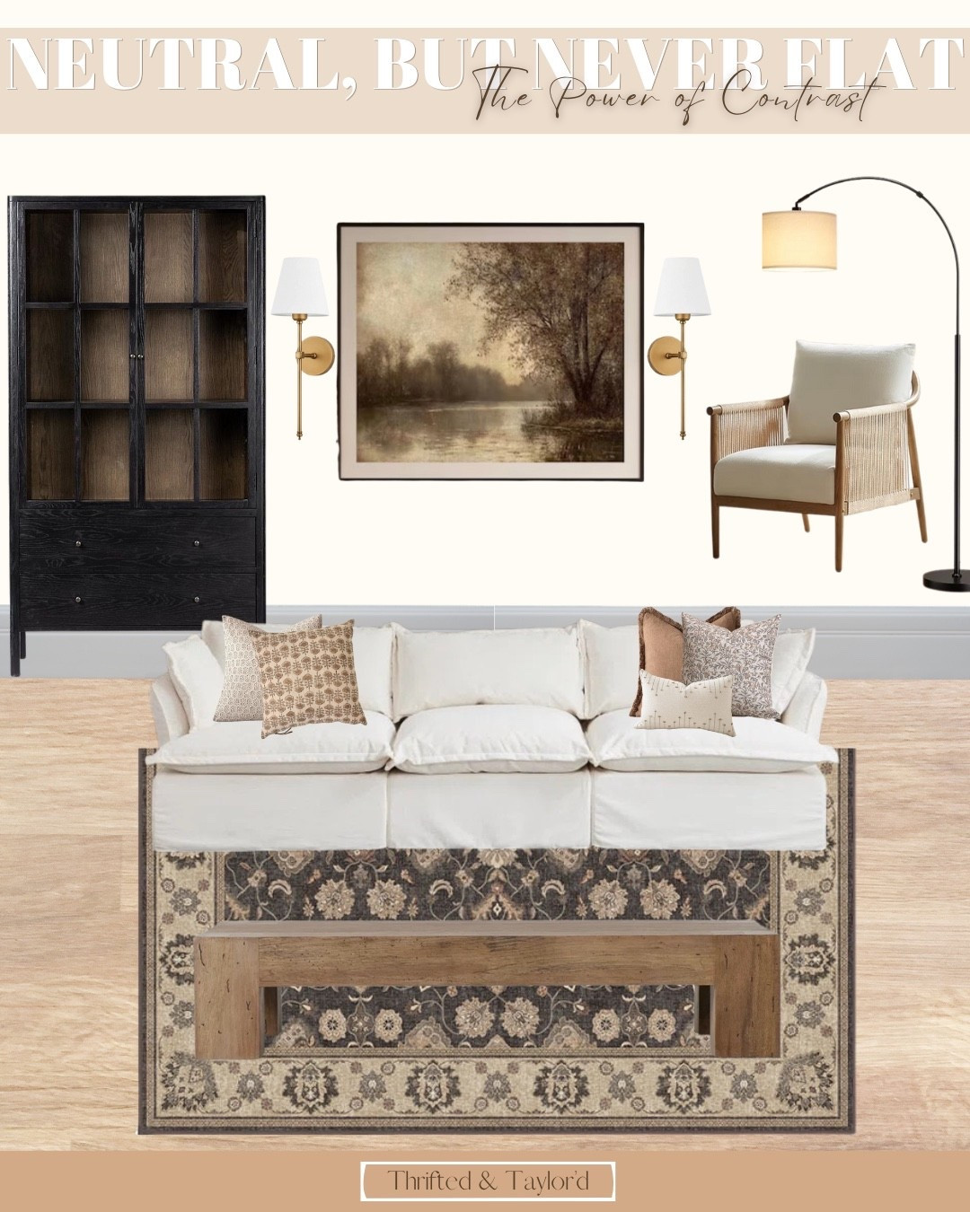 Neutral rooms don’t need bold color to feel interesting — they need contrast. This space is a perfect example of how mixing light and dark, smooth and textured, modern and vintage-inspired pieces can completely transform a neutral palette. From the darker wood cabinet to the layered lighting and patterned rug, each piece plays a role in keeping the room feeling warm, balanced, and lived-in. If your neutral space ever feels flat, this is the design trick I always come back to. Everything here is linked so you can recreate this look in your own home.

#LTKHome