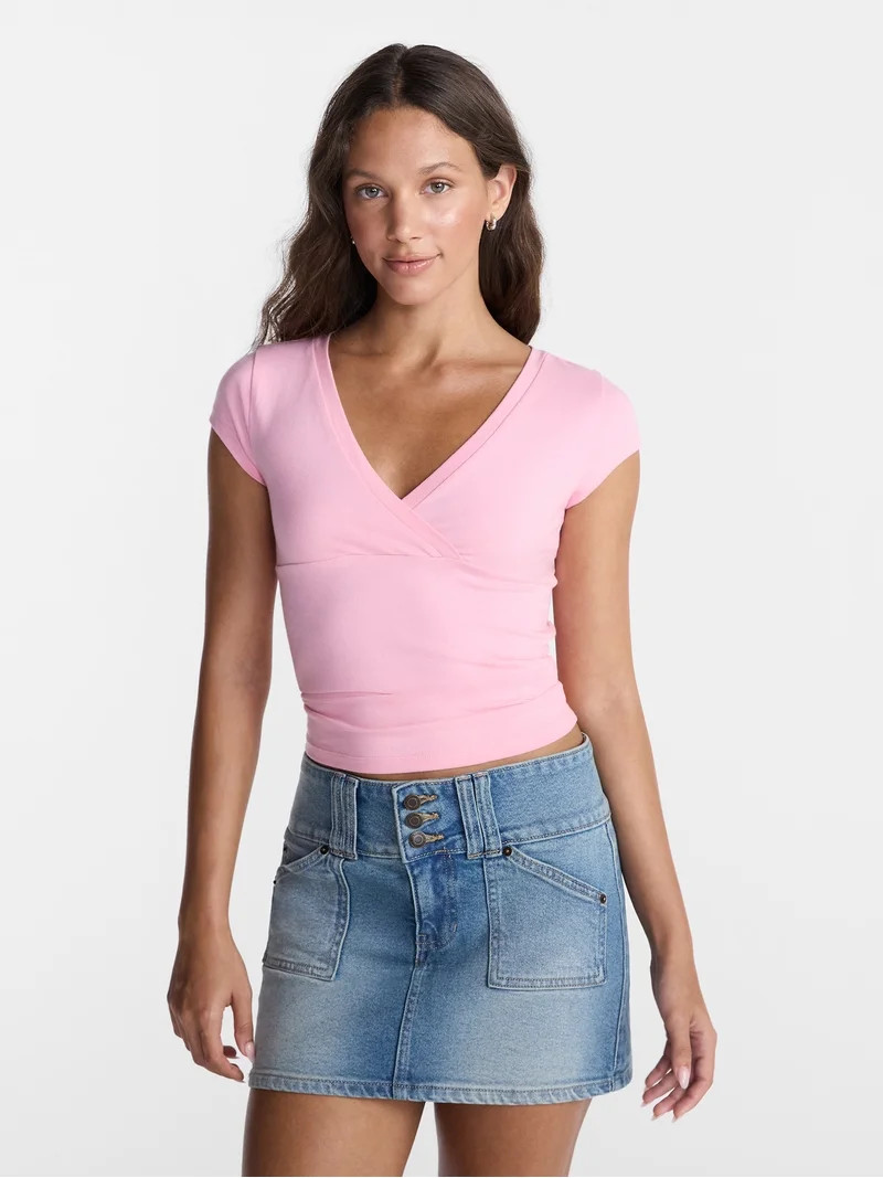 No Boundaries Surplice Top with Cap Sleeves, Women\u2019s XXS-XXL | Walmart (US)