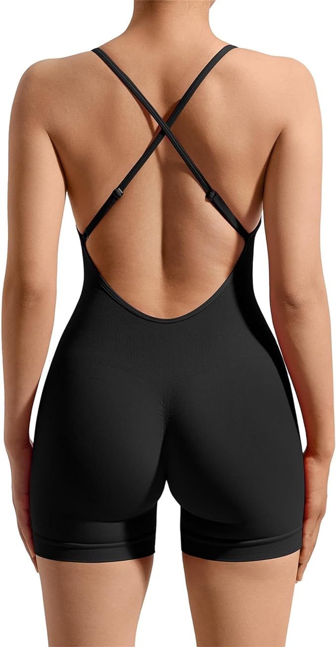 RXRXCOCO Women Strappy Backless Seamless One Piece Jumpsuits Shorts Tummy Control Workout Yoga Ro... | Amazon (US)