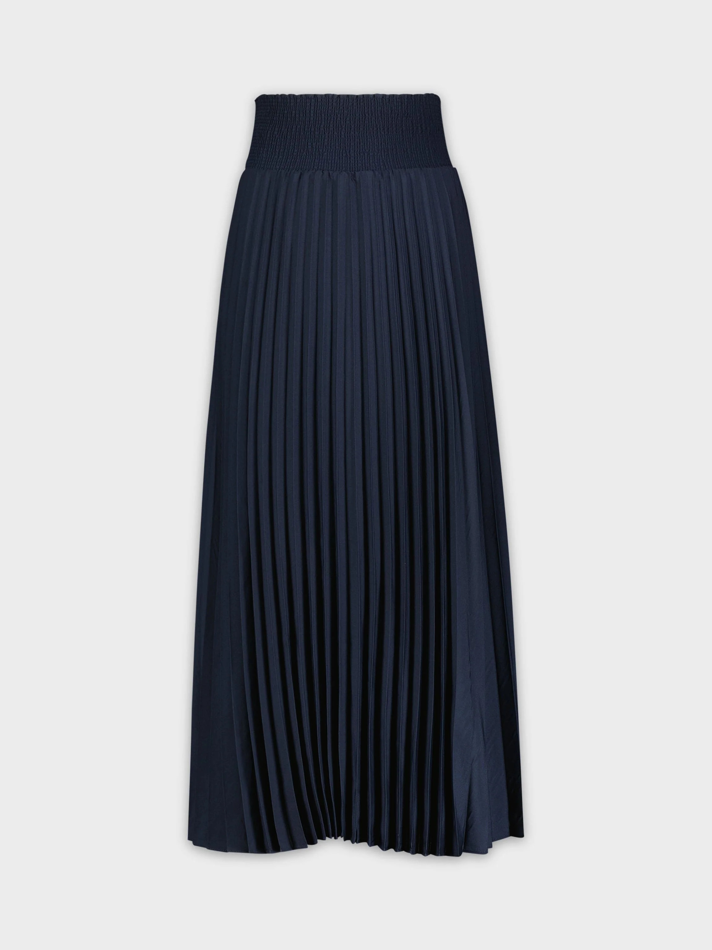 SHIRRED WAIST PLEATED SKIRT (LONG)-NAVY | Fame On central